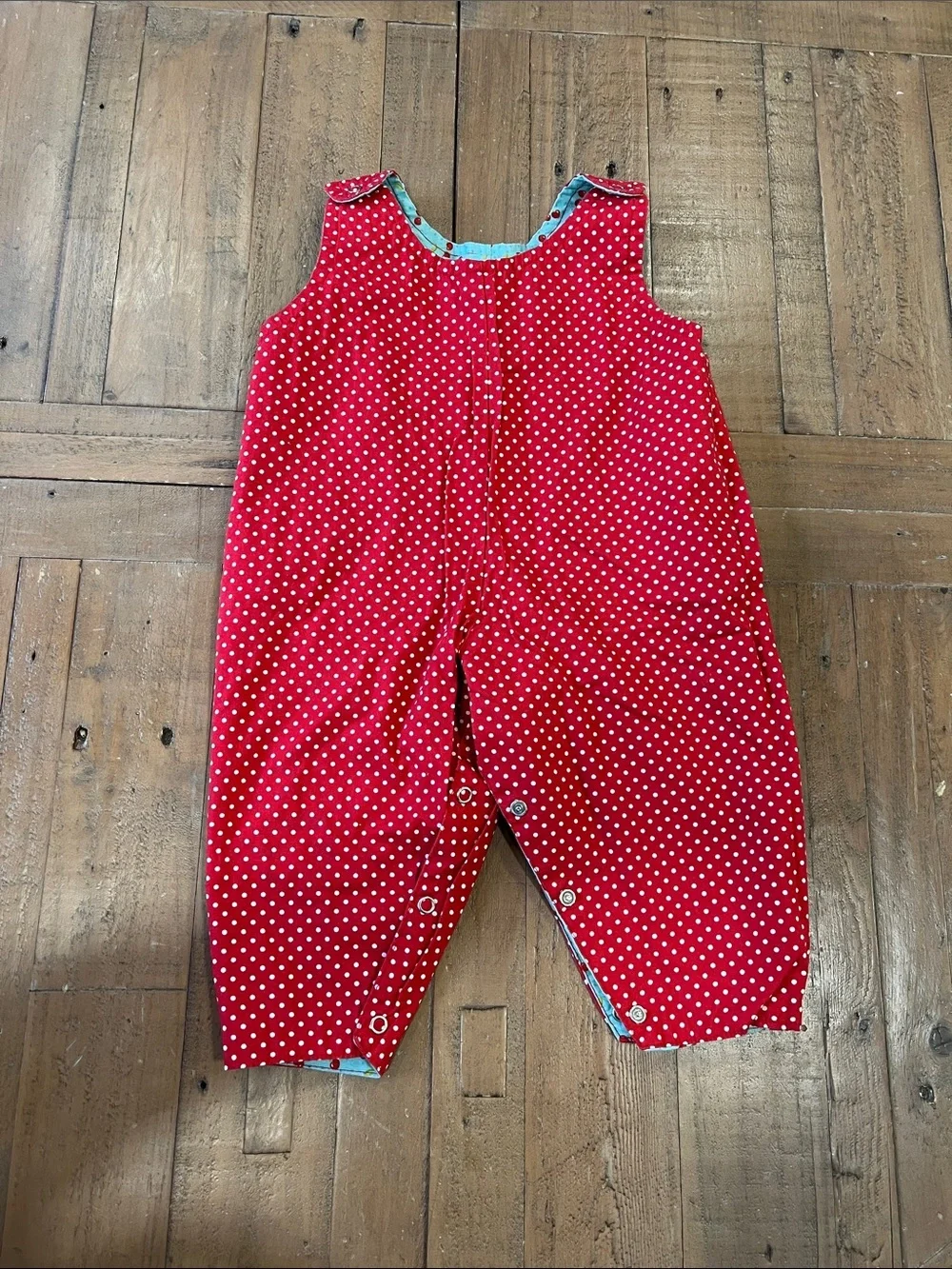 Boutique Aqua cherry print reversible red polka dot overalls 6-9 months